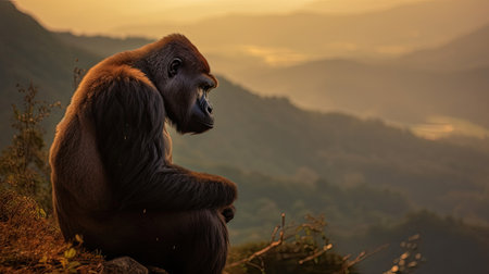 Gorilla sitting on a high cliff near sunset. Generative Aiの素材