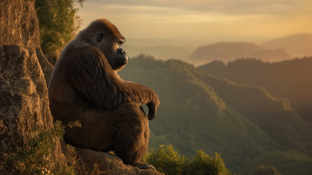 Gorilla sitting on a high cliff near sunset. Generative Aiの素材