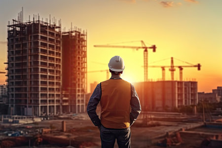 Back view of Civil engineer standing looking at unfinished construction project, real estate business concept. Generative Aiの素材