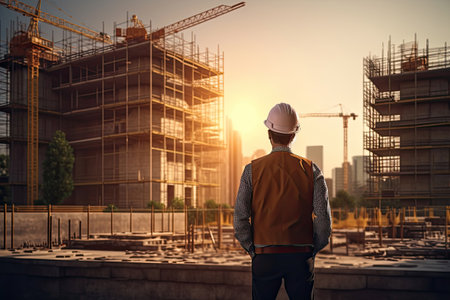 Back view of Civil engineer standing looking at unfinished construction project, real estate business concept. Generative Aiの素材