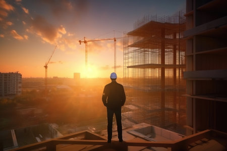 Back view of Civil engineer standing looking at unfinished construction project, real estate business concept. Generative Aiの素材