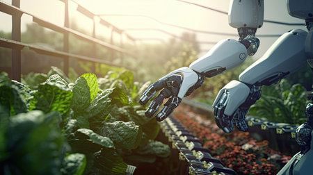 Agricultural technology concept, Smart farm and Automatic robot mechanical arm harvesting vegetables. Generative Aiの素材