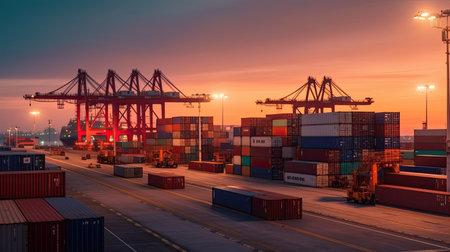 Industrial container yard for logistic import export business and forklift. Import and export industry concept. Generative Aiの素材