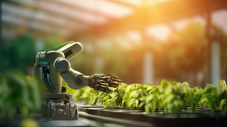 Agricultural technology concept, Smart farm and Automatic robot mechanical arm harvesting vegetables. Generative Aiの素材