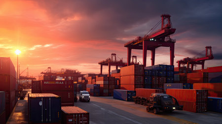 Industrial container yard for logistic import export business and forklift. Import and export industry concept. Generative Aiの素材