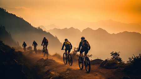 Adventure tourists by bicycle. touring cyclists practicing in the mountains. Generative Aiの素材