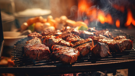 Meat on the barbecue and group of friends. Generative Aiの素材