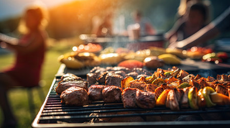 Meat on the barbecue and group of friends. Generative Aiの素材
