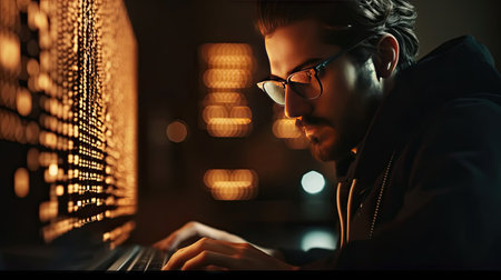 Close-up of Software Engineer Working on Computer, Line of Code Reflecting in Glasses. Generative Aiの素材