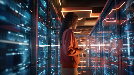 Big Data Center Female Chief Technology Officer Using Laptop Standing In Warehouse, Activates Servers. Generative Aiの素材