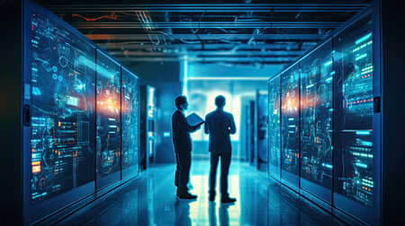 Top View of IT Engineer Working with Laptop in Data Center Full of Active Rack Servers. Generative Aiの素材
