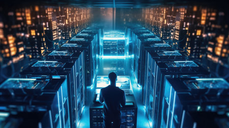 Top View of IT Engineer Working with Laptop in Data Center Full of Active Rack Servers. Generative Aiの素材