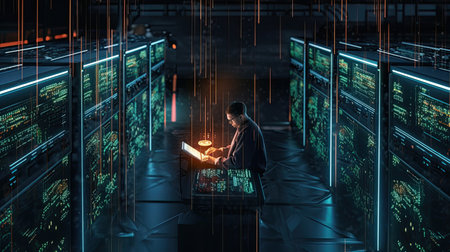 Top View of IT Engineer Working with Laptop in Data Center Full of Active Rack Servers. Generative Aiの素材