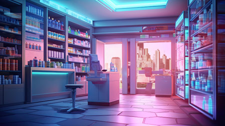 Pharmacy Interior, medicine cabinet and store medicine and pharmacy drugstore for Blurry background. Generative Aiの素材