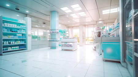 Pharmacy Interior, medicine cabinet and store medicine and pharmacy drugstore for Blurry background. Generative Aiの素材