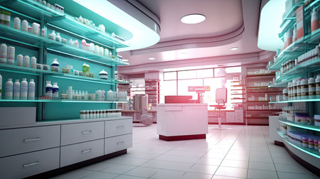 Pharmacy Interior, medicine cabinet and store medicine and pharmacy drugstore for Blurry background. Generative Aiの素材