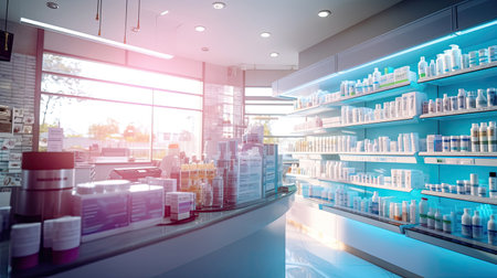 Pharmacy Interior, medicine cabinet and store medicine and pharmacy drugstore for Blurry background. Generative Aiの素材
