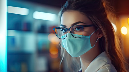 Portrait of a female pharmacist with protective mask on her face working at pharmacy. Medical healthcare concept. Generative Aiの素材