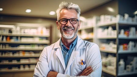 Smiling portrait of a handsome pharmacist in a pharmacy store. Generative Aiの素材