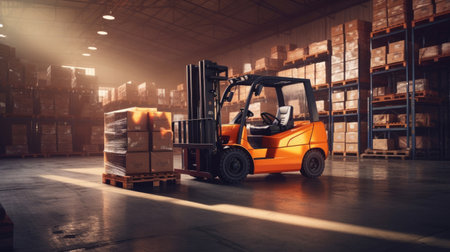 A modern forklift lifting product pallets in large warehouse. Generative Aiの素材