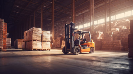 A forklift lifting product pallets in modern large warehouse. Generative Aiの素材