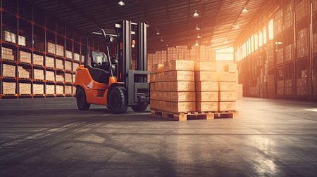A modern forklift lifting product pallets in large warehouse. Generative Aiの素材