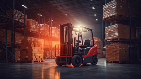 A modern forklift lifting product pallets in large warehouse. Generative Aiの素材