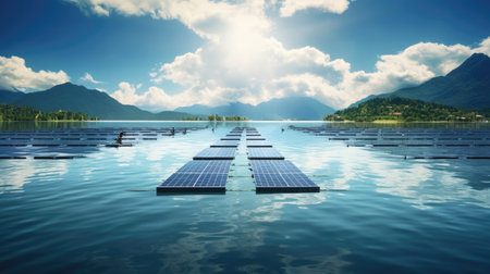 Floating solar farm on a serene lake, harnessing solar energy while minimizing land use. Clean energy concept. Generative Aiの素材