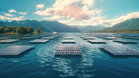 Floating solar farm on a serene lake, harnessing solar energy while minimizing land use. Clean energy concept. Generative Aiの素材