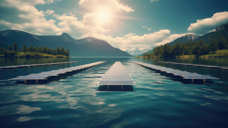 Floating solar farm on a serene lake, harnessing solar energy while minimizing land use. Clean energy concept. Generative Aiの素材