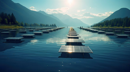 Floating solar farm on a serene lake, harnessing solar energy while minimizing land use. Clean energy concept. Generative Aiの素材