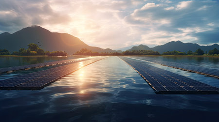 Floating solar farm on a serene lake, harnessing solar energy while minimizing land use. Clean energy concept. Generative Aiの素材
