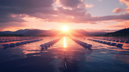 Floating solar farm on a serene lake, harnessing solar energy while minimizing land use. Clean energy concept. Generative Aiの素材