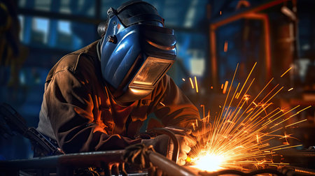 Worker or Welder wear safety gear who perform arc welding in the factory. Generative Aiの素材