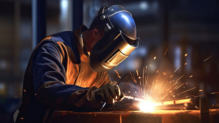 Worker or Welder wear safety gear who perform arc welding in the factory. Generative Aiの素材
