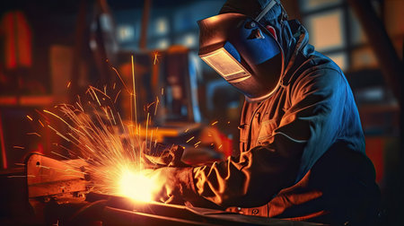 Worker or Welder wear safety gear who perform arc welding in the factory. Generative Aiの素材