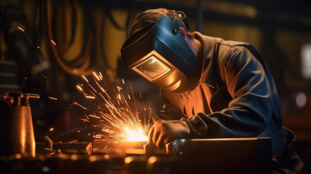 Worker or Welder wear safety gear who perform arc welding in the factory. Generative Aiの素材