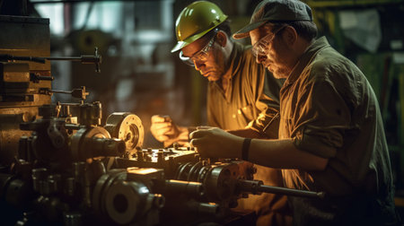 Two workers inspecting and maintaining machinery in an industrial maintenance workshop at factory. Generative Aiの素材