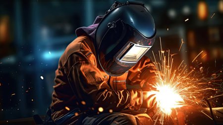Worker or Welder wear safety gear who perform arc welding in the factory. Generative Aiの素材