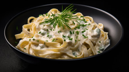 Alfredo pasta dinner with creamy white sauce and herbs isolated on black background. Generative Aiの素材