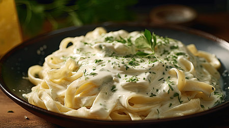 Alfredo pasta dinner with creamy white sauce and herbs. Generative Aiの素材