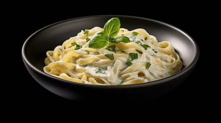 Alfredo pasta dinner with creamy white sauce and herbs isolated on black background. Generative Aiの素材