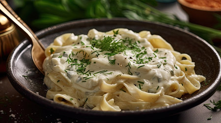 Alfredo pasta dinner with creamy white sauce and herbs. Generative Aiの素材