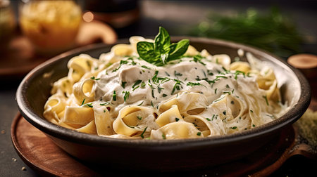 Alfredo pasta dinner with creamy white sauce and herbs. Generative Aiの素材