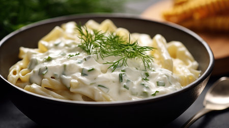 Alfredo pasta dinner with creamy white sauce and herbs. Generative Aiの素材