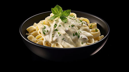 Alfredo pasta dinner with creamy white sauce and herbs isolated on black background. Generative Aiの素材