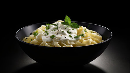 Alfredo pasta dinner with creamy white sauce and herbs isolated on black background. Generative Aiの素材