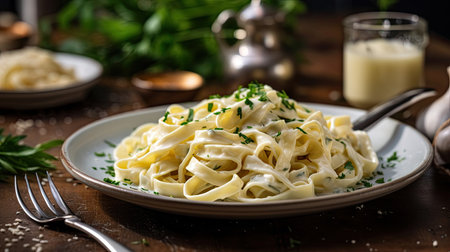 Fettucini Alfredo dinner with creamy white sauce and herbs on table. Generative Aiの素材