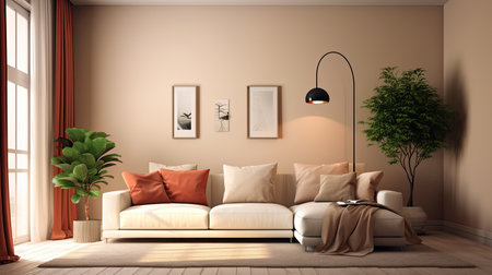 interior design of modern living room with beige fabric sofa and cushions. Generative Aiの素材