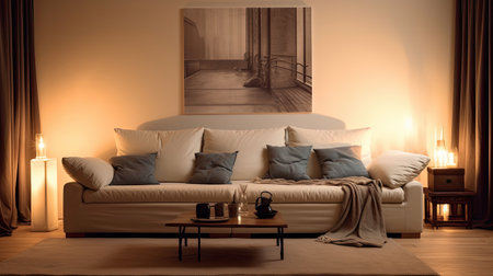 interior design of modern living room with beige fabric sofa and cushions. Generative Aiの素材